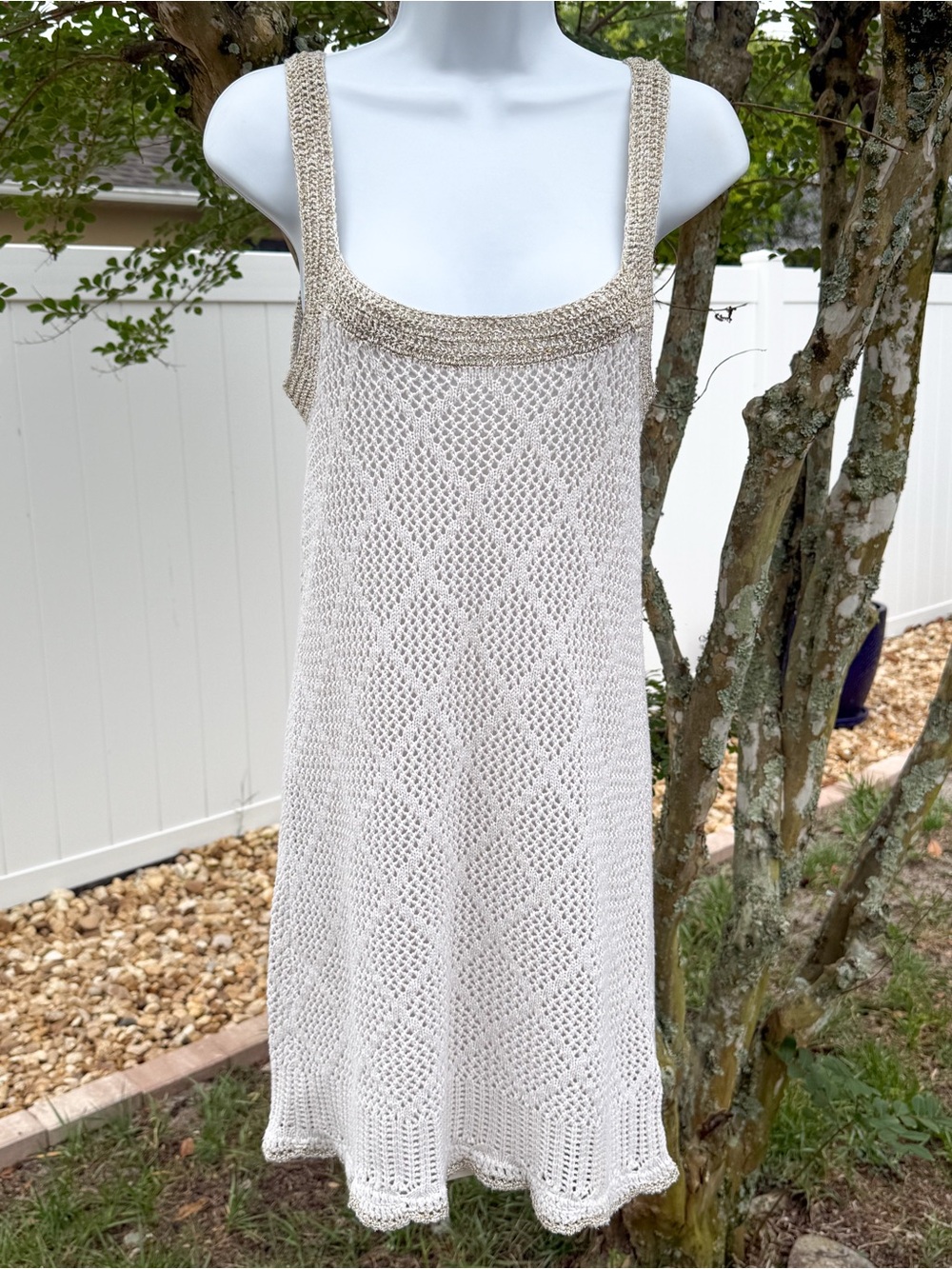 VENUS Crochet Knit Cover Up Dress White Gold Metallic Size S